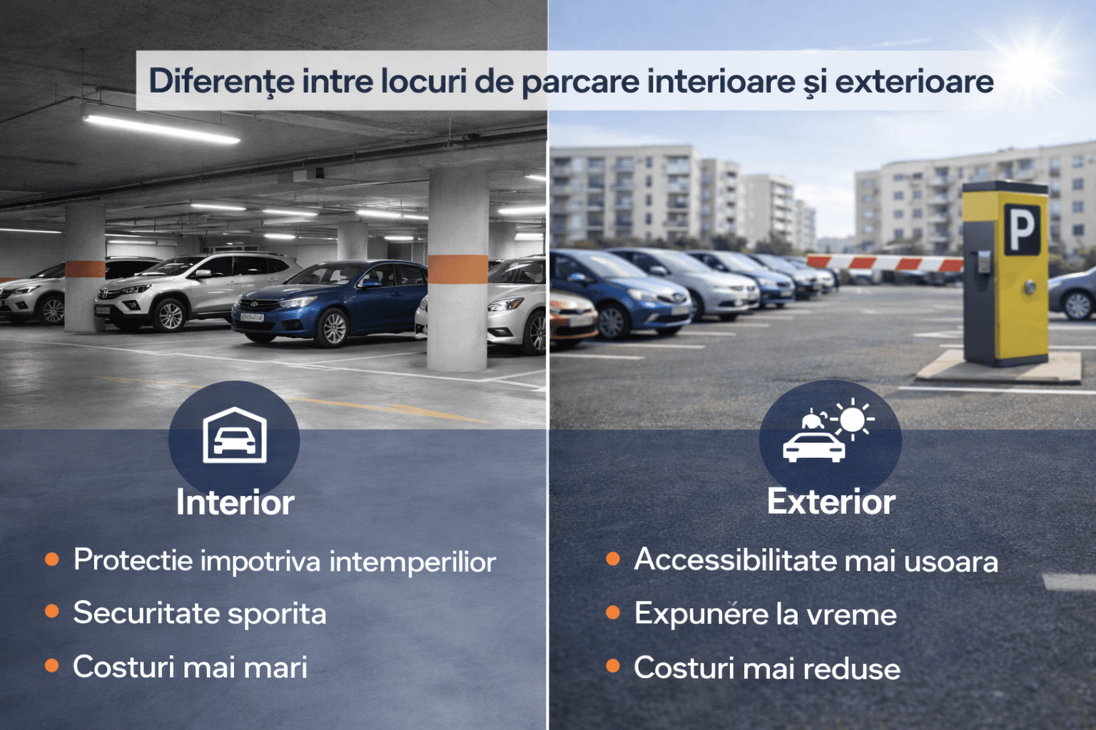 Diferențe între locuri de parcare interioare și exterioare